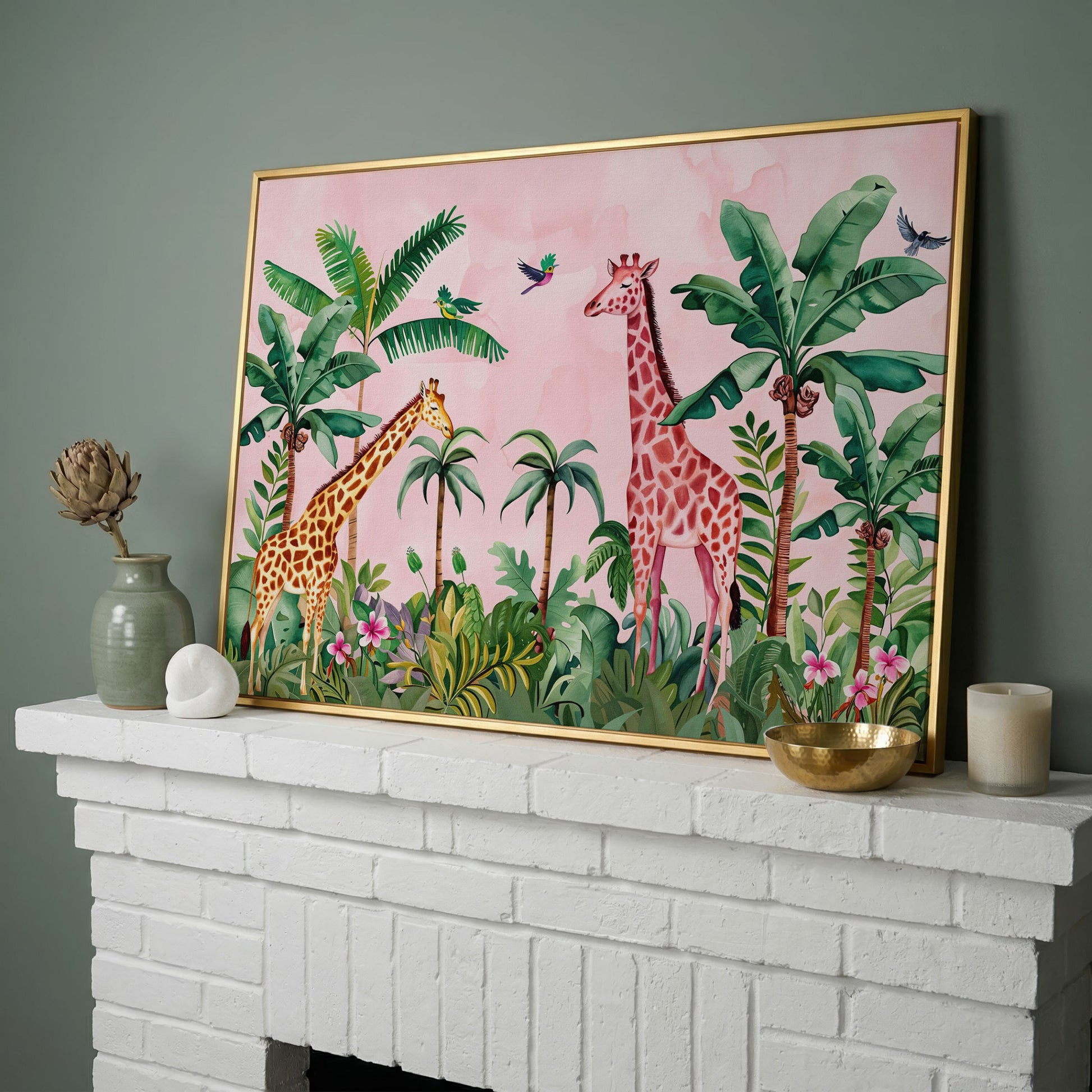 Whimsical Jungle Giraffe Canvas Print for Nurseries in yellow gold floating frame
