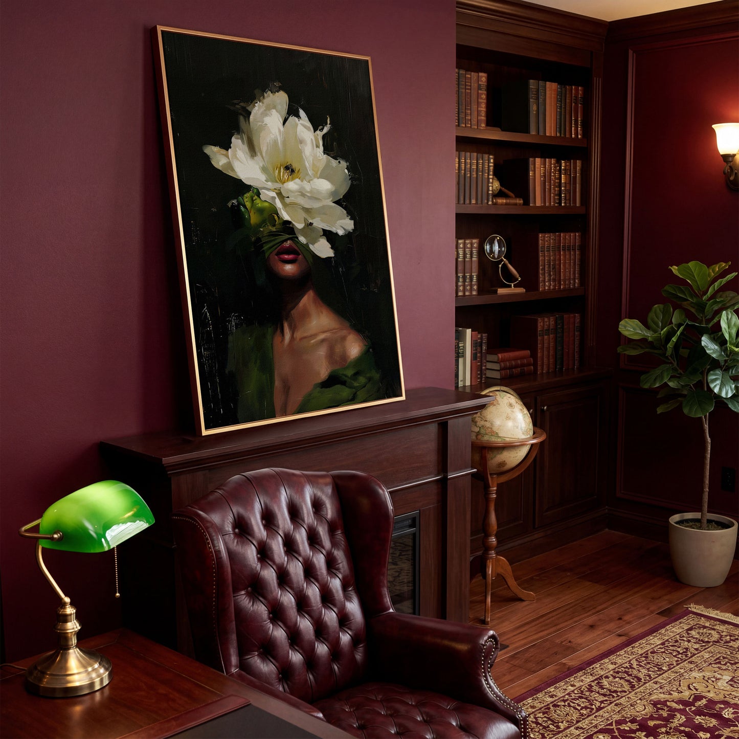 Floral Woman Portrait Canvas Art with Olive & Burgundy Tones in antique gold floating frame