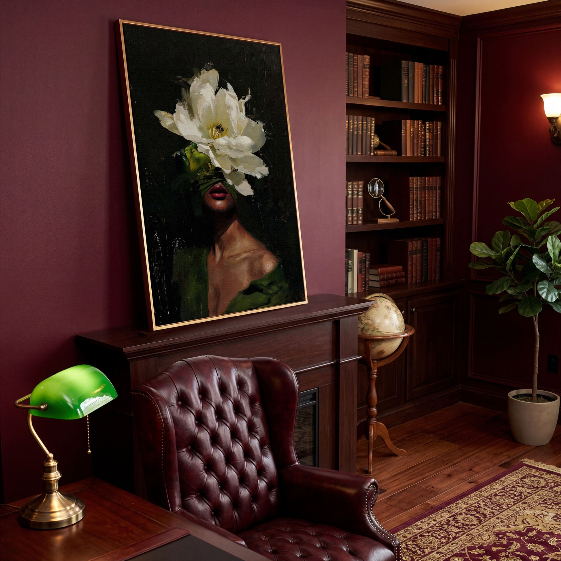 Floral Woman Portrait Canvas Art with Olive & Burgundy Tones in antique gold floating frame