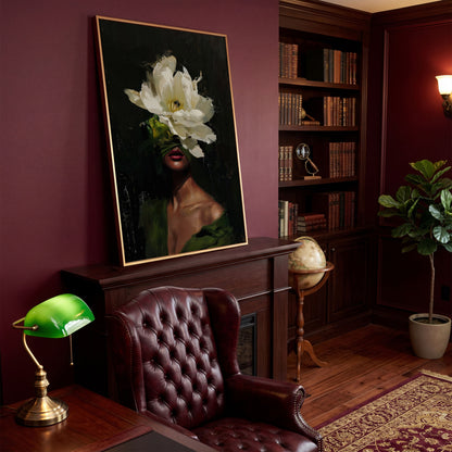 Floral Woman Portrait Canvas Art with Olive & Burgundy Tones in antique gold floating frame
