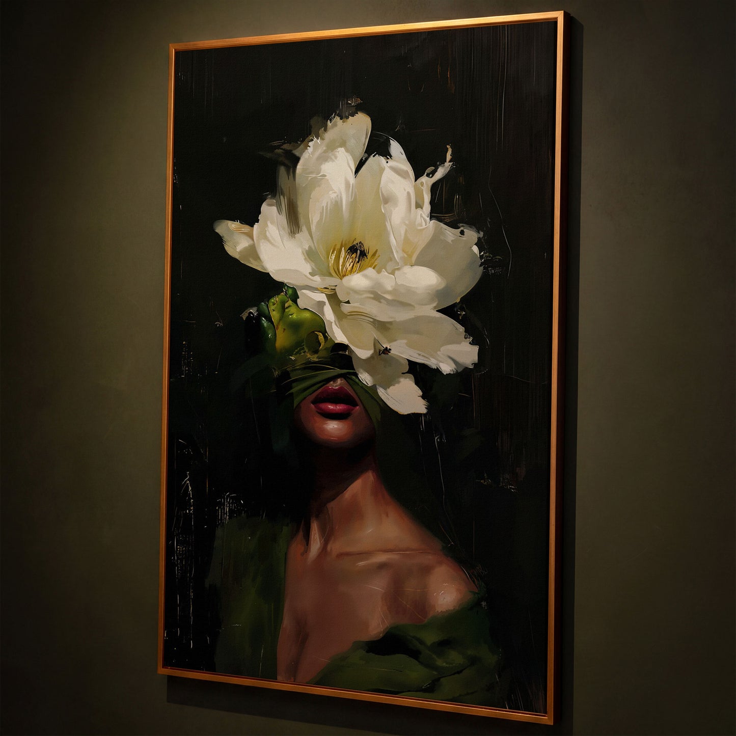 Floral Woman Portrait Canvas Art with Olive & Burgundy Tones shown in antique gold floating frame