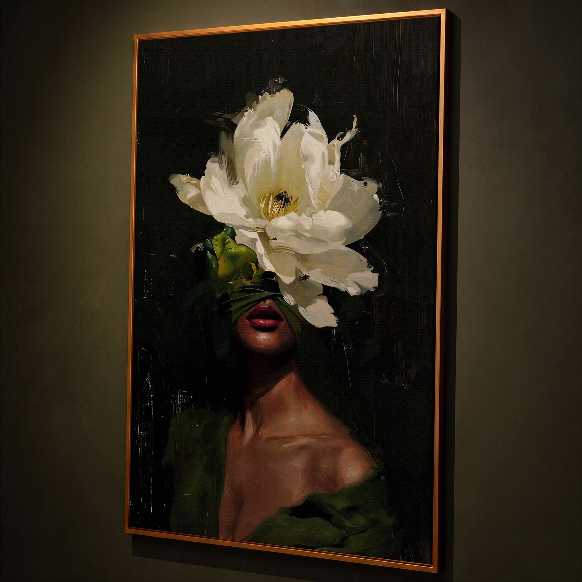Floral Woman Portrait Canvas Art with Olive & Burgundy Tones shown in antique gold floating frame
