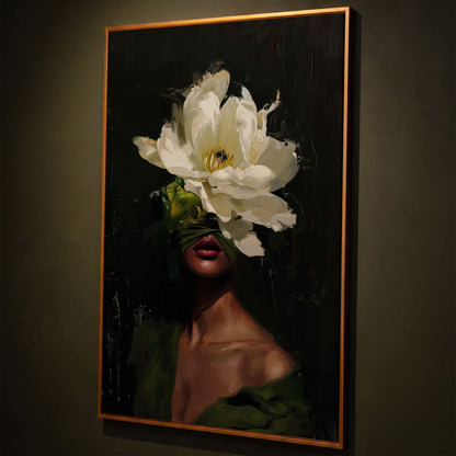 Floral Woman Portrait Canvas Art with Olive & Burgundy Tones shown in antique gold floating frame