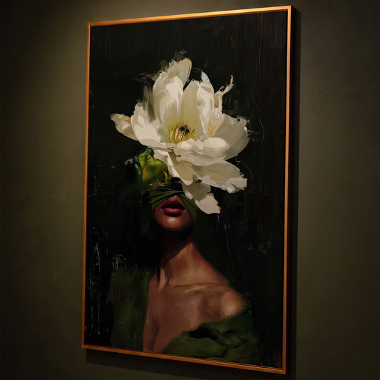 Floral Woman Portrait Canvas Art with Olive & Burgundy Tones shown in antique gold floating frame