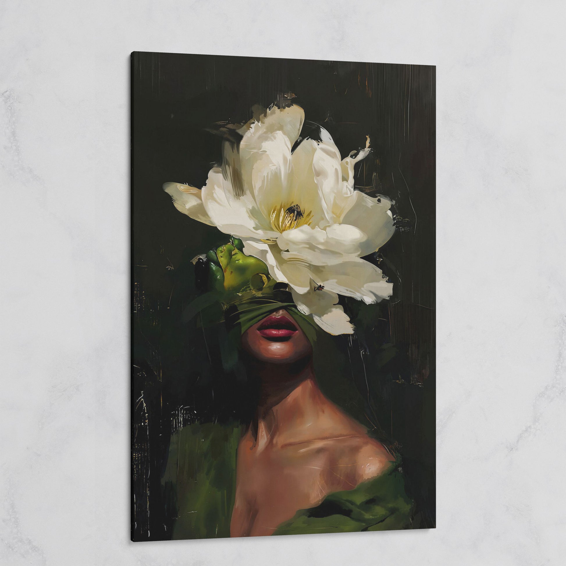 Floral Woman Portrait Canvas Art with Olive & Burgundy Tones on gallery wrap