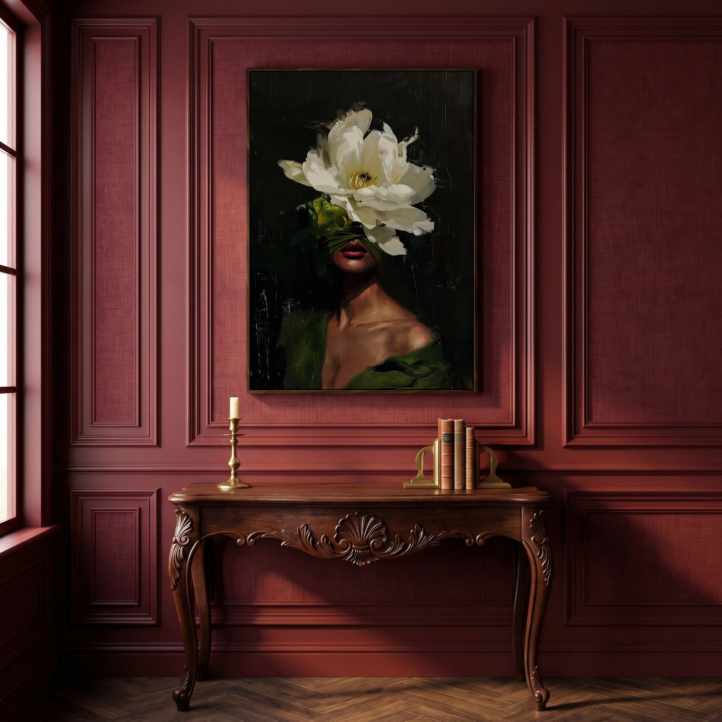 Floral Woman Portrait Canvas Art with Olive & Burgundy Tones in dark walnut floating frame