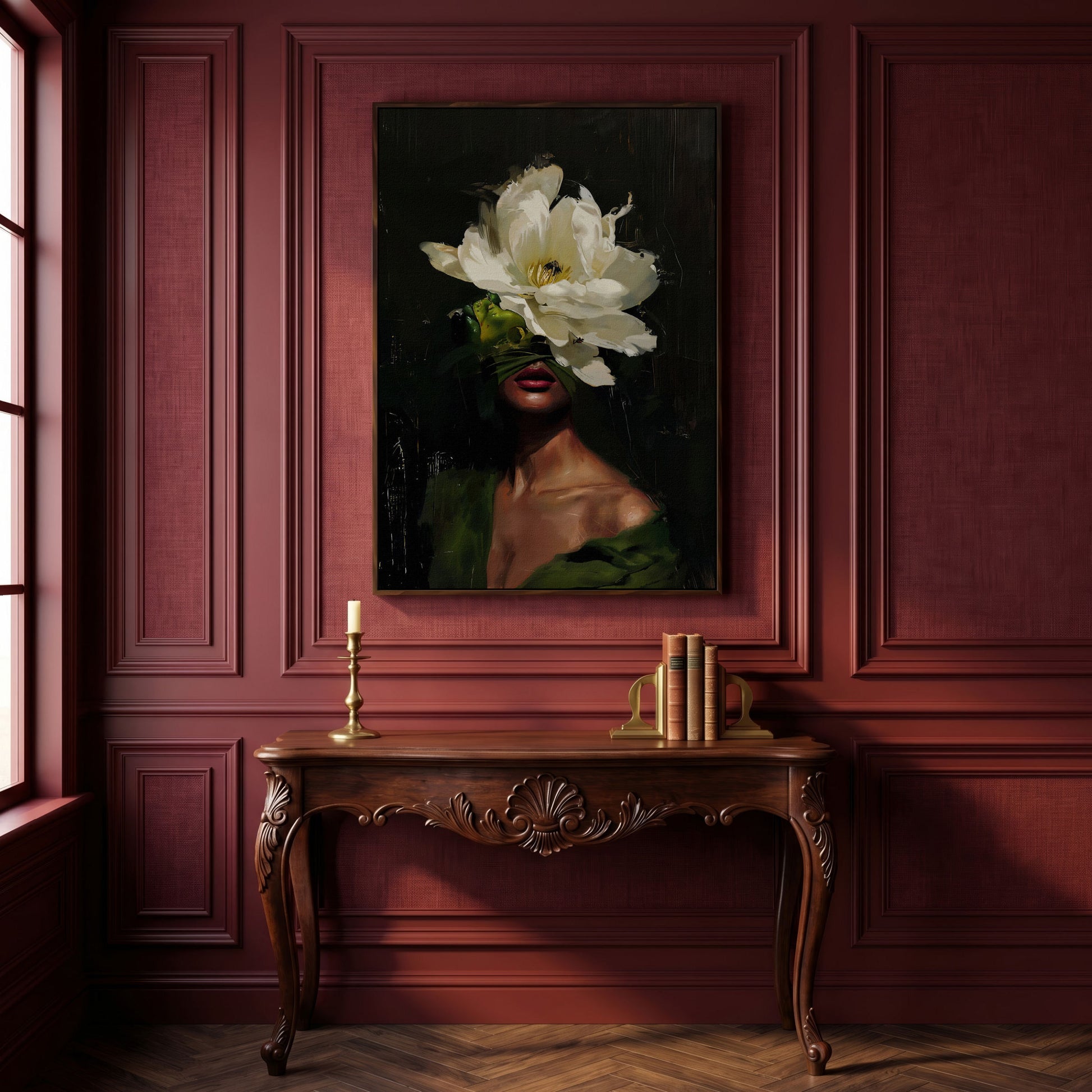 Floral Woman Portrait Canvas Art with Olive & Burgundy Tones in dark walnut floating frame