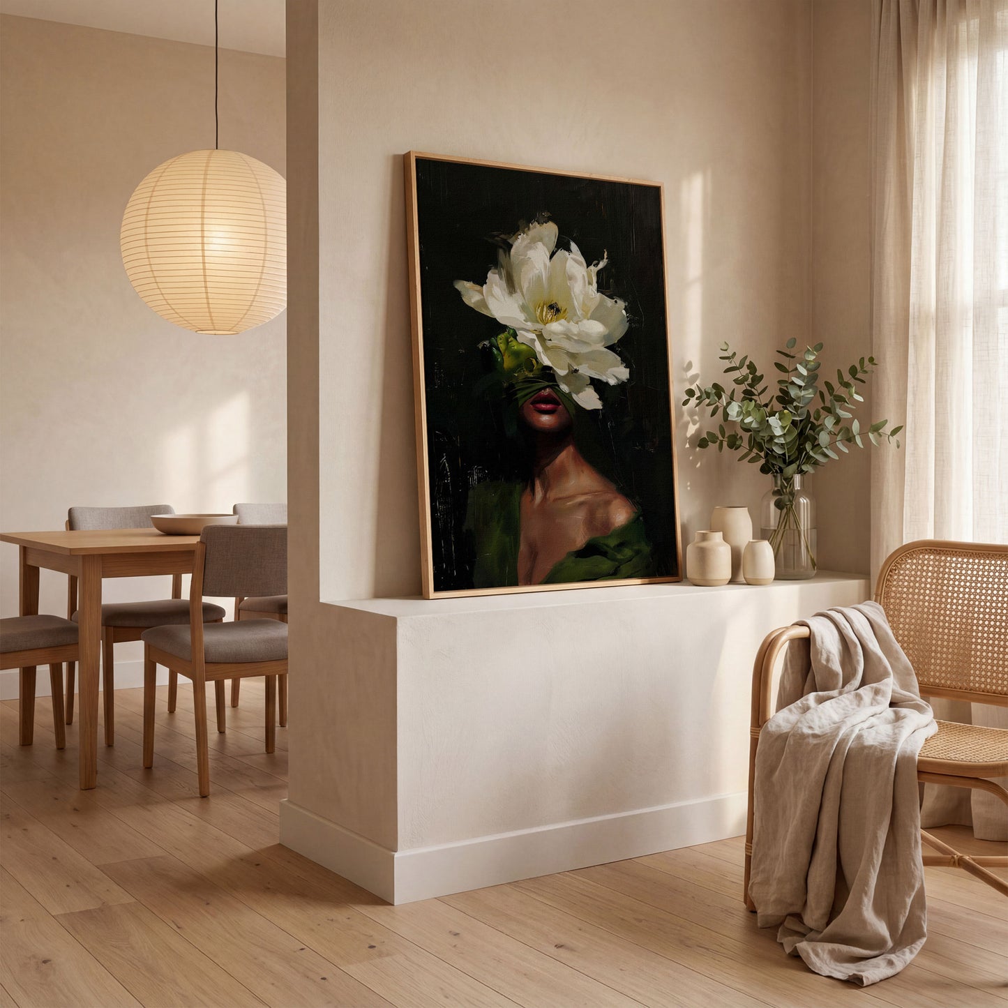 Floral Woman Portrait Canvas Art with Olive & Burgundy Tones in white oak floating frame