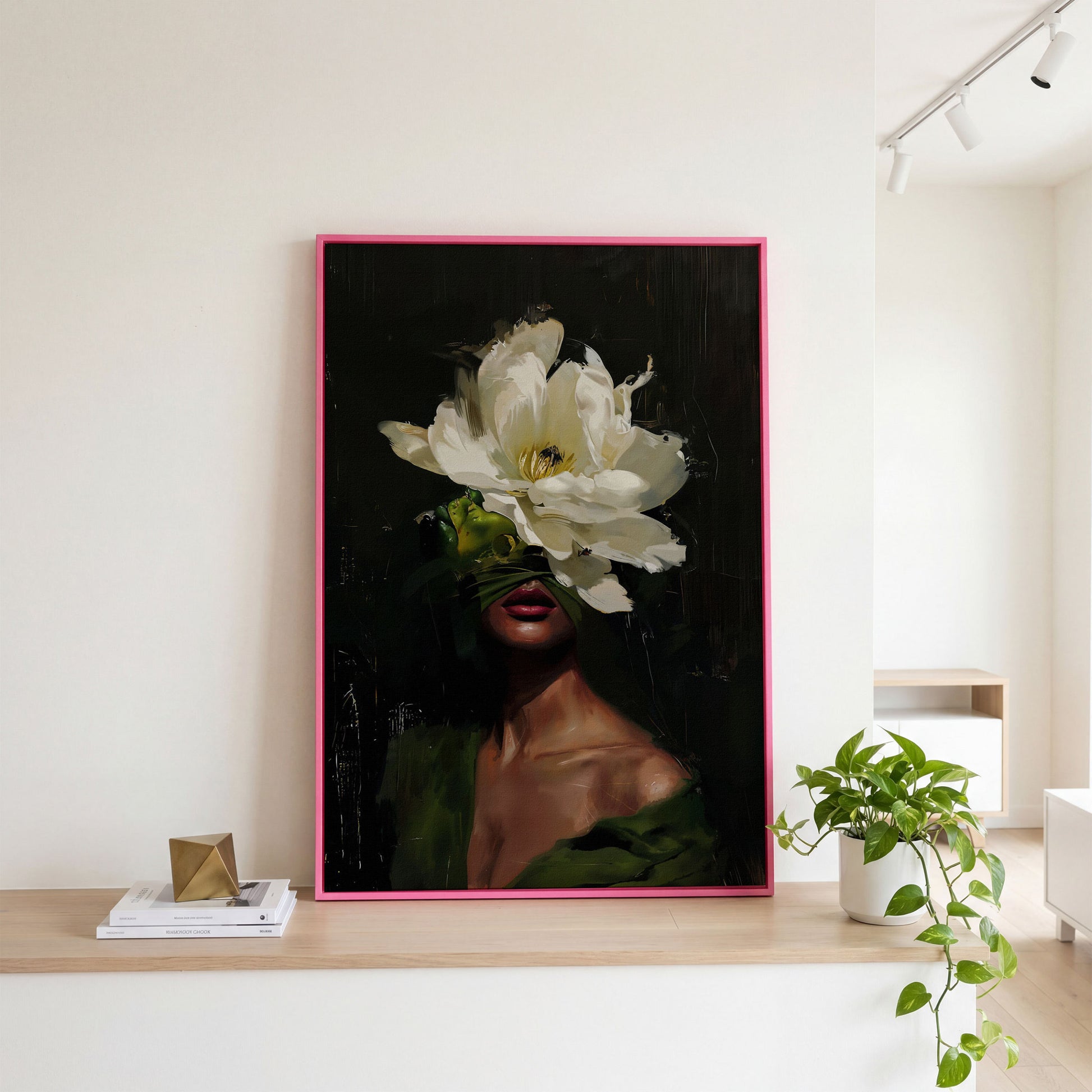 Floral Woman Portrait Canvas Art with Olive & Burgundy Tones in pink floating frame