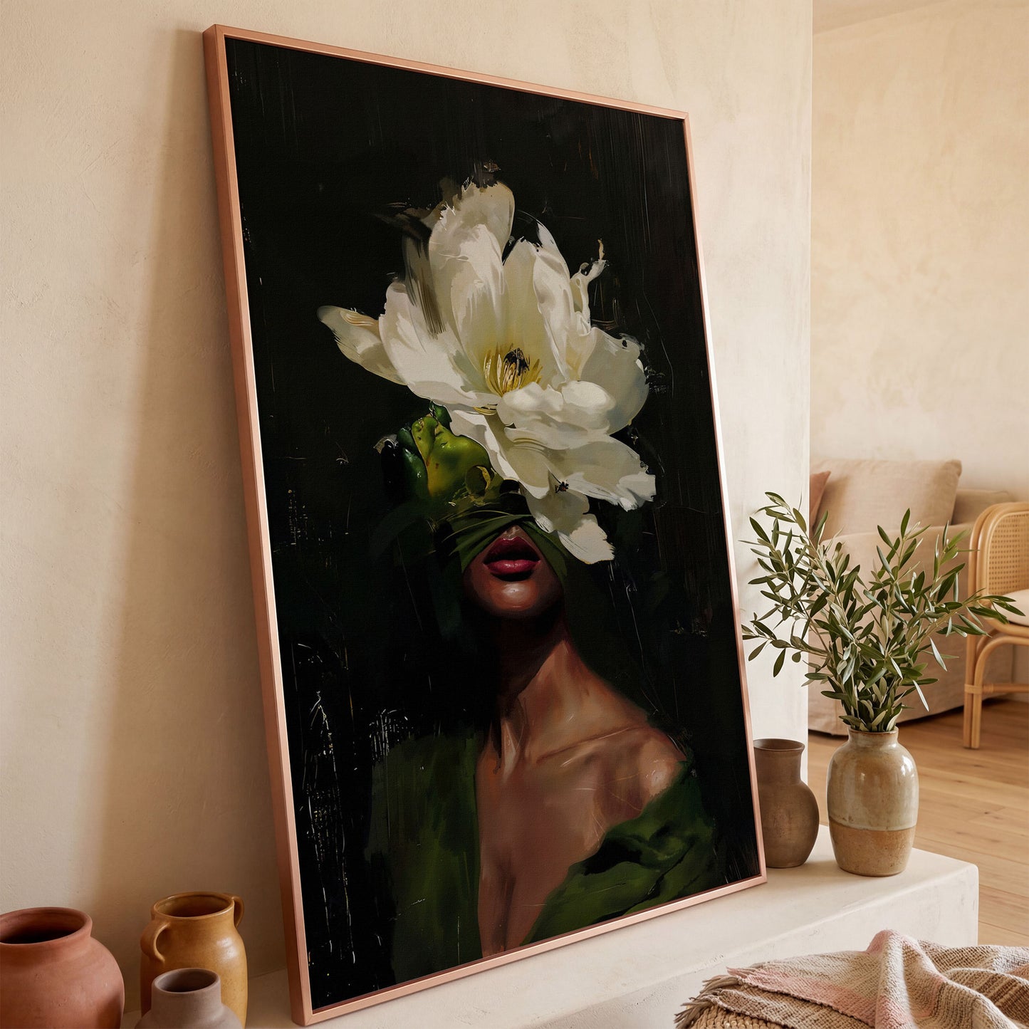 Floral Woman Portrait Canvas Art with Olive & Burgundy Tones in rose gold floating frame