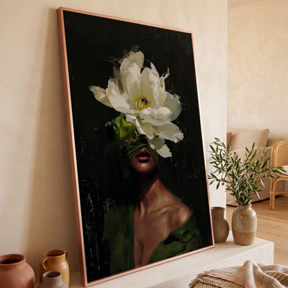 Floral Woman Portrait Canvas Art with Olive & Burgundy Tones in rose gold floating frame