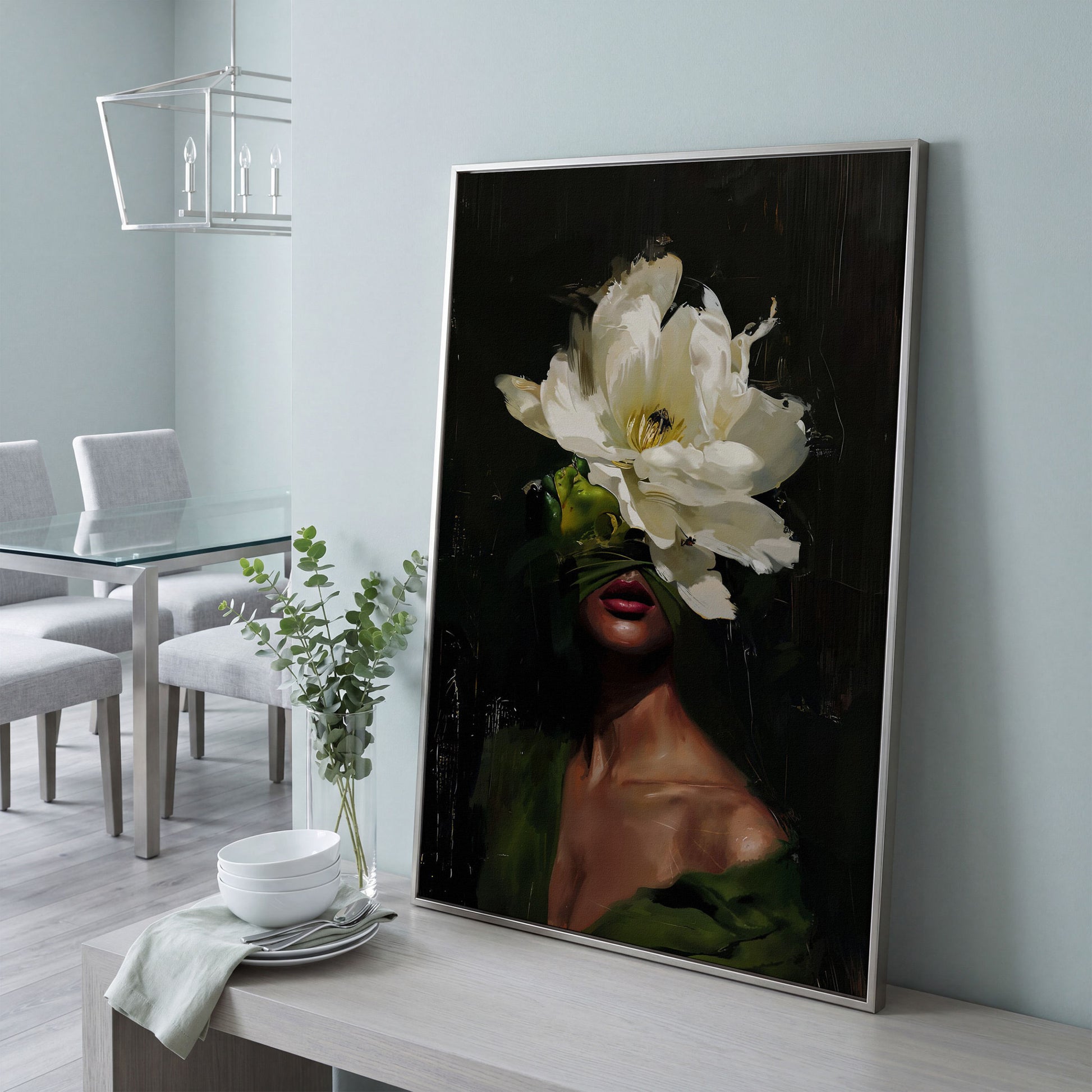 Floral Woman Portrait Canvas Art with Olive & Burgundy Tones in silver floating frame