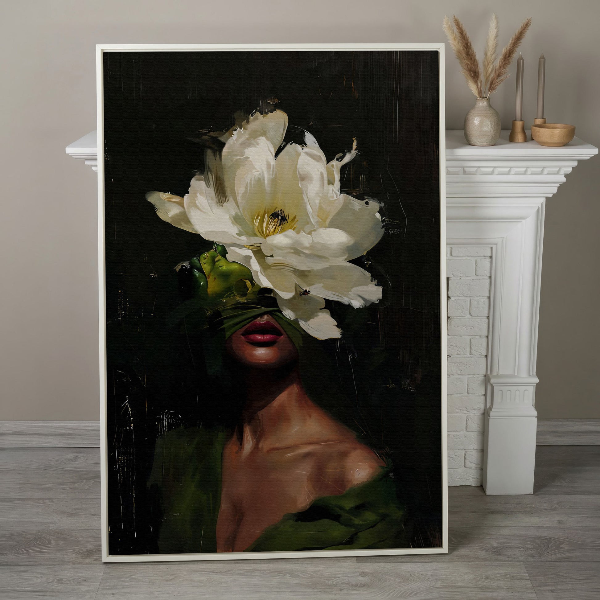 Floral Woman Portrait Canvas Art with Olive & Burgundy Tones in white floating frame