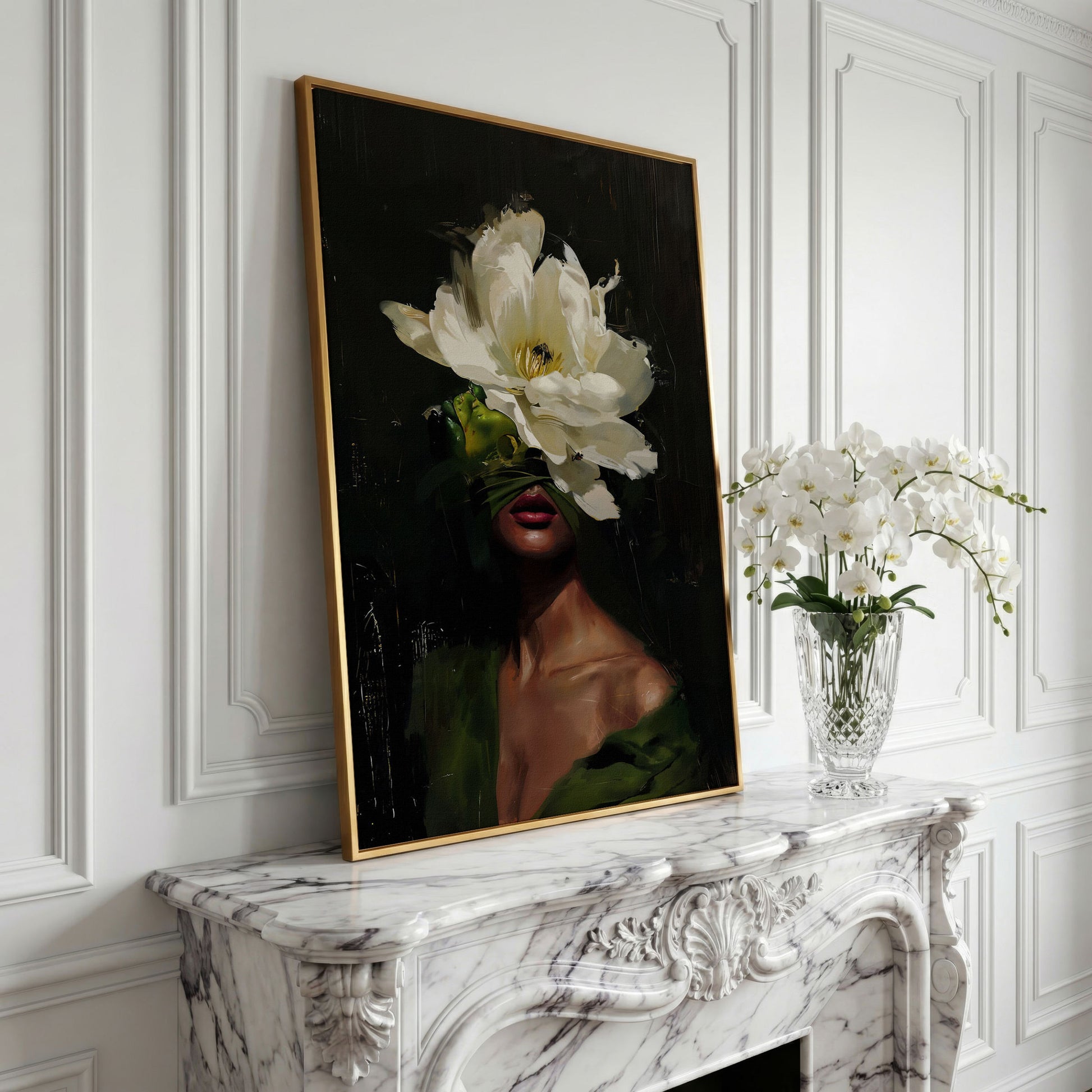 Floral Woman Portrait Canvas Art with Olive & Burgundy Tones in yellow gold floating frame