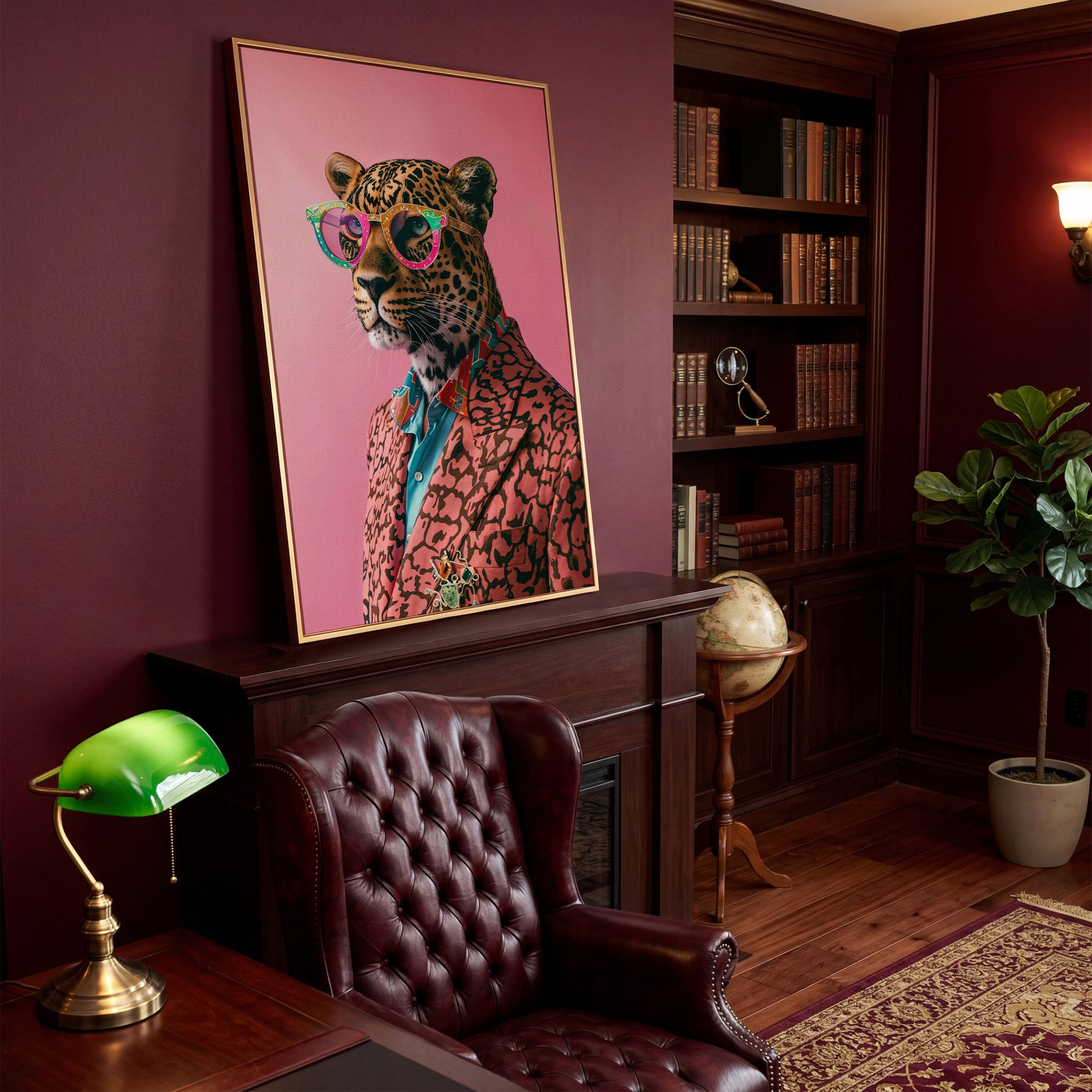 Leopard in Suit, Pop Art Canvas in antique gold floating frame