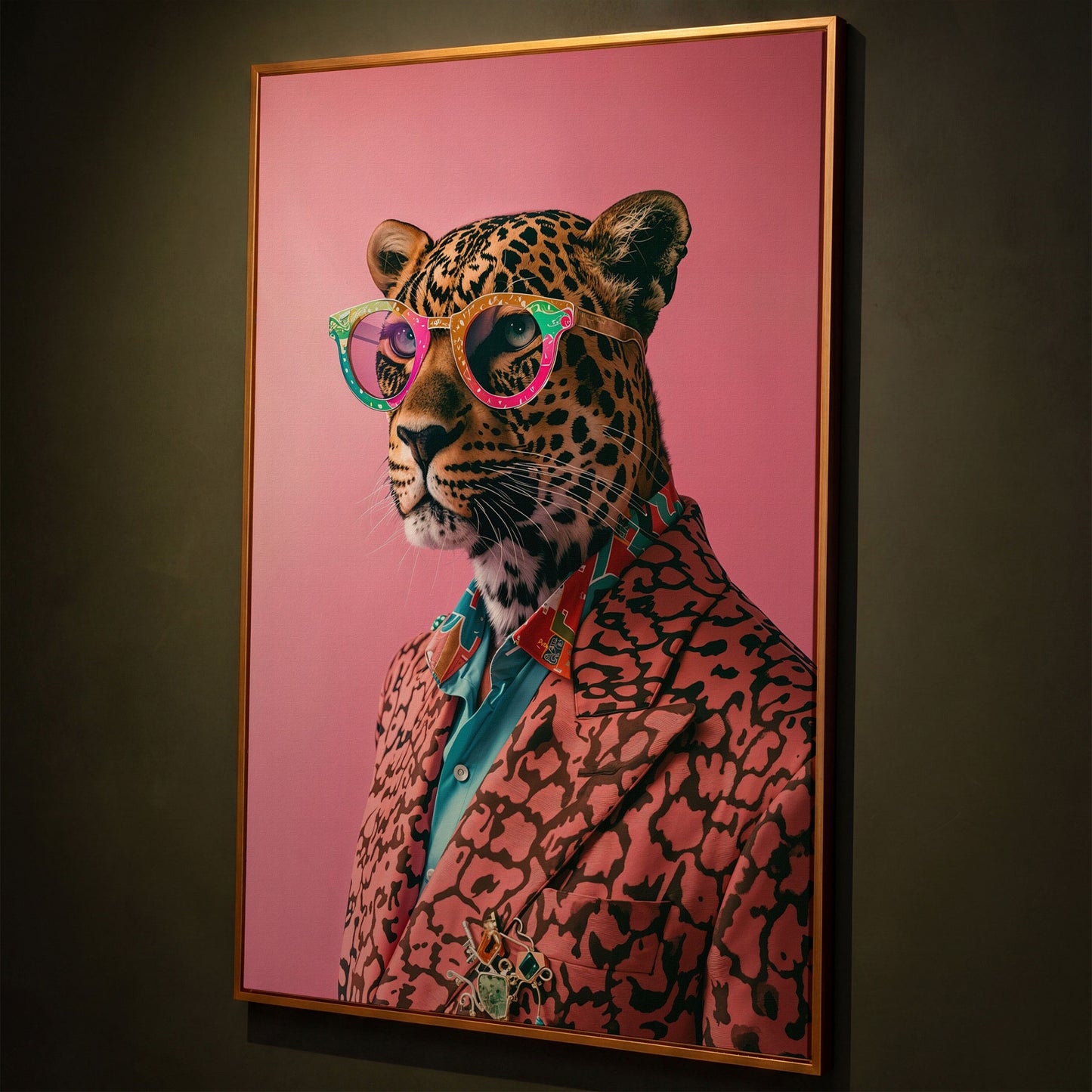 Leopard in Suit, Pop Art Canvas shown in antique gold floating frame
