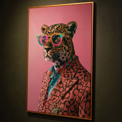 Leopard in Suit, Pop Art Canvas shown in antique gold floating frame