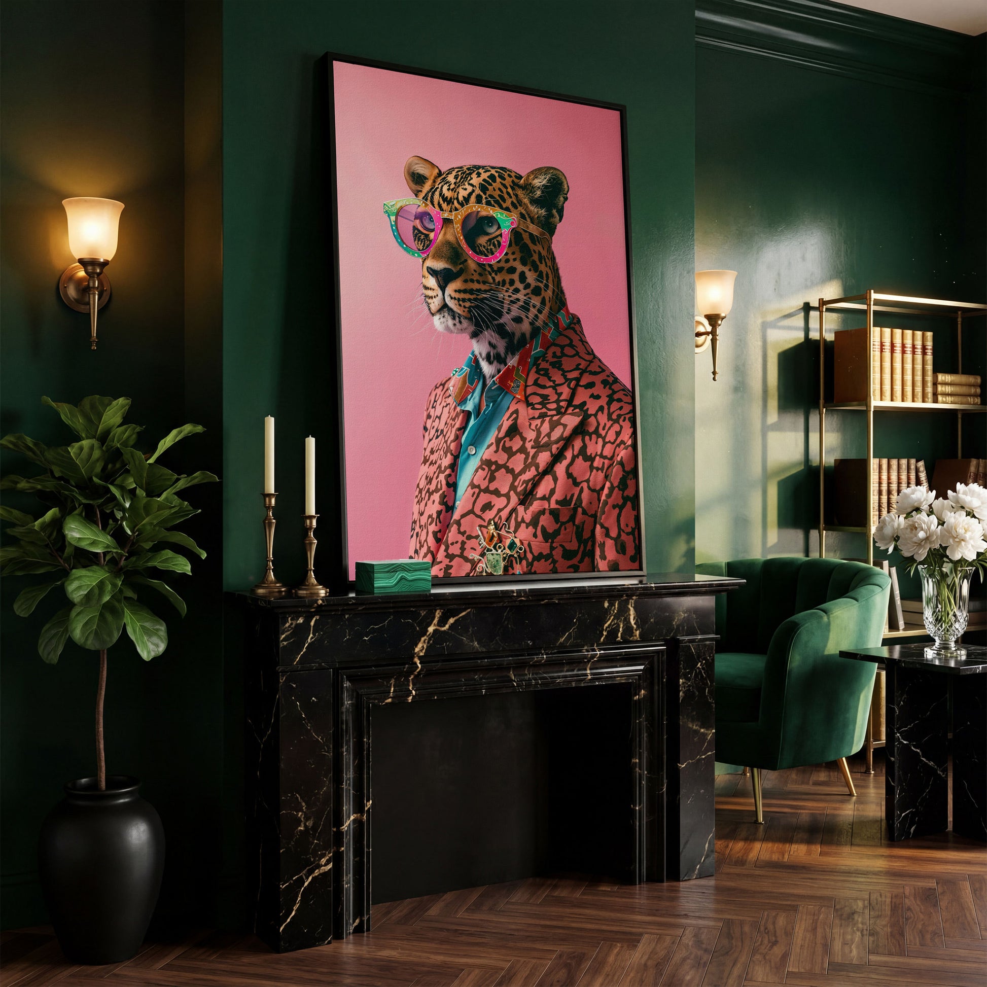 Leopard in Suit, Pop Art Canvas in black floating frame