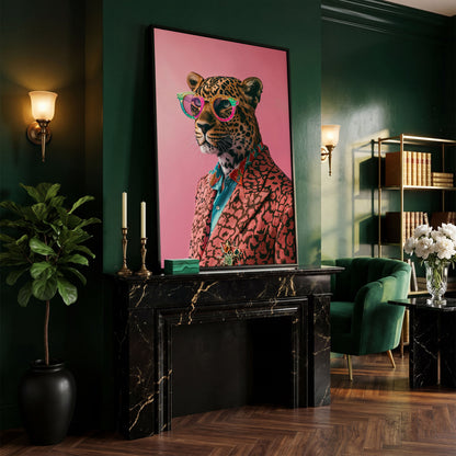 Leopard in Suit, Pop Art Canvas in black floating frame