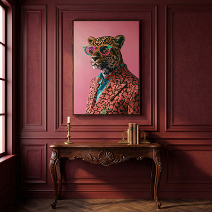 Leopard in Suit, Pop Art Canvas in dark walnut floating frame