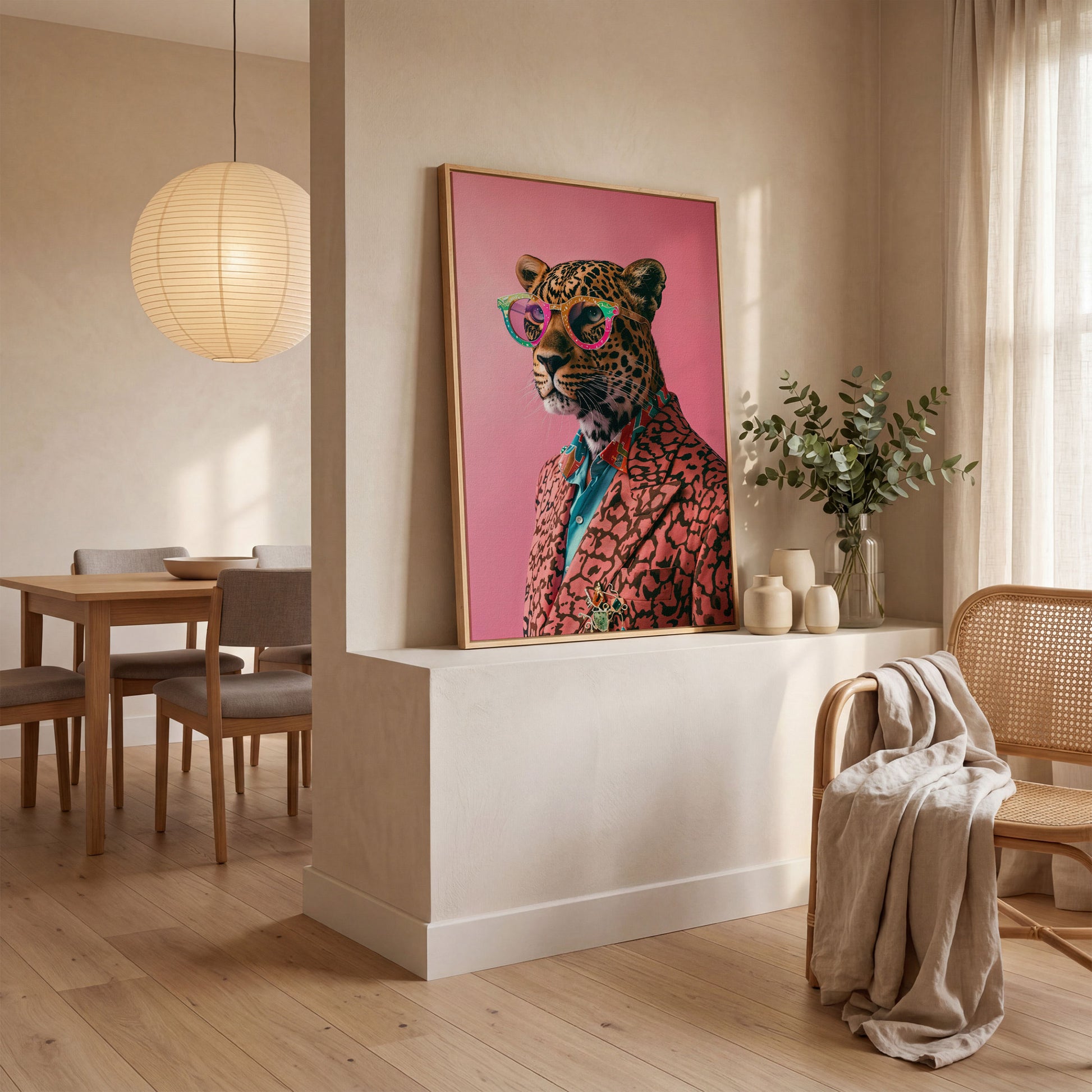 Leopard in Suit, Pop Art Canvas in white oak floating frame