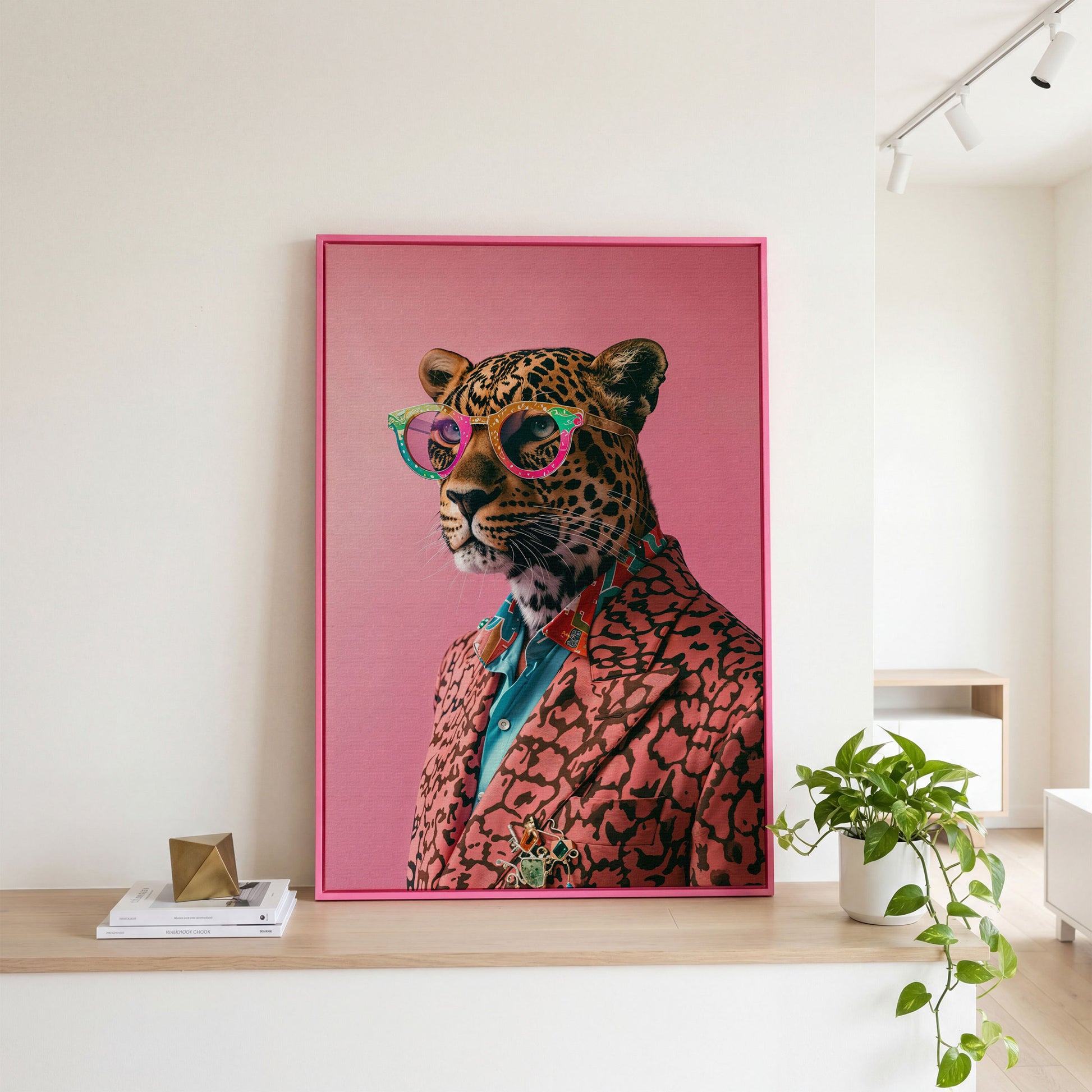 Leopard in Suit, Pop Art Canvas in pink floating frame