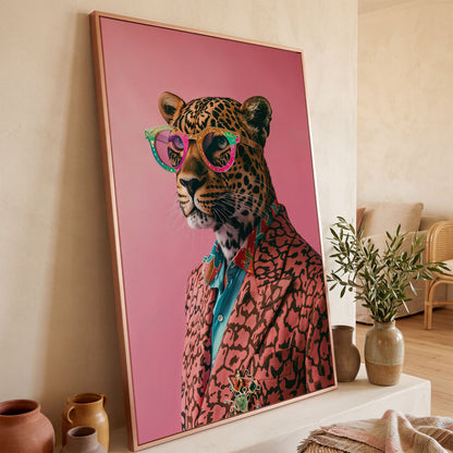 Leopard in Suit, Pop Art Canvas in rose gold floating frame