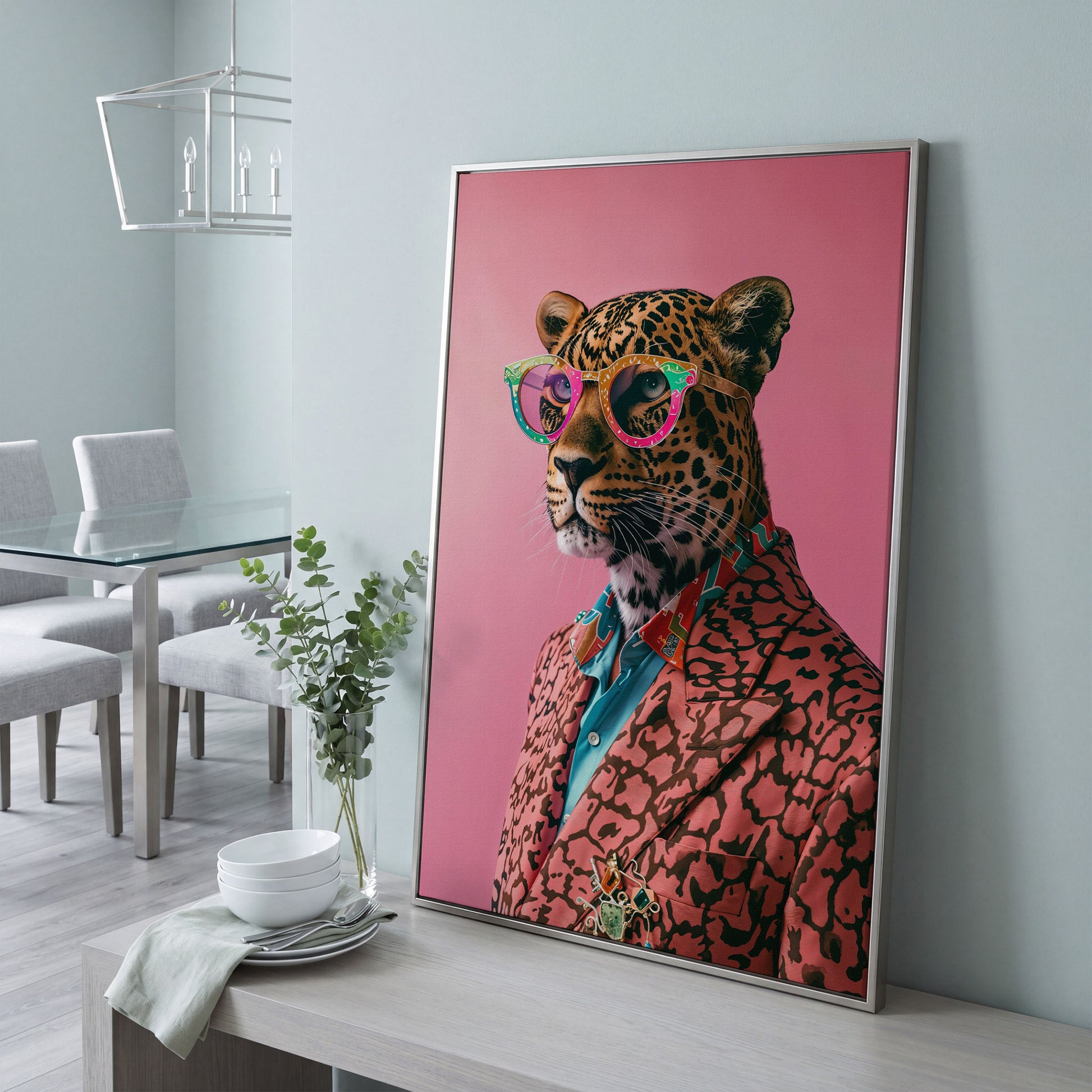 Leopard in Suit, Pop Art Canvas in silver floating frame
