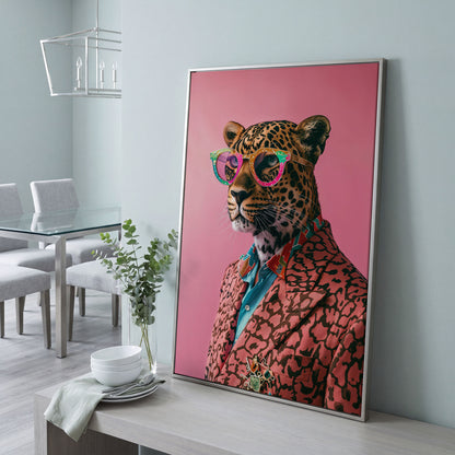 Leopard in Suit, Pop Art Canvas in silver floating frame