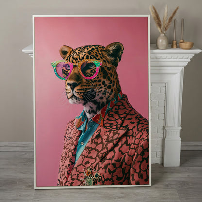 Leopard in Suit, Pop Art Canvas in white floating frame