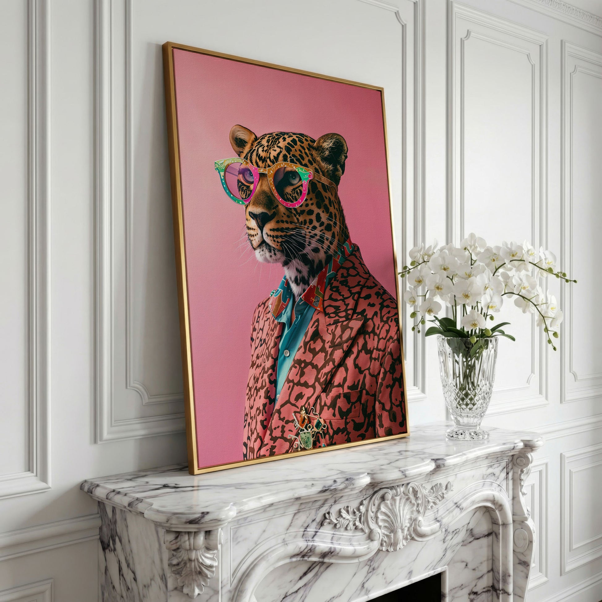 Leopard in Suit, Pop Art Canvas in yellow gold floating frame