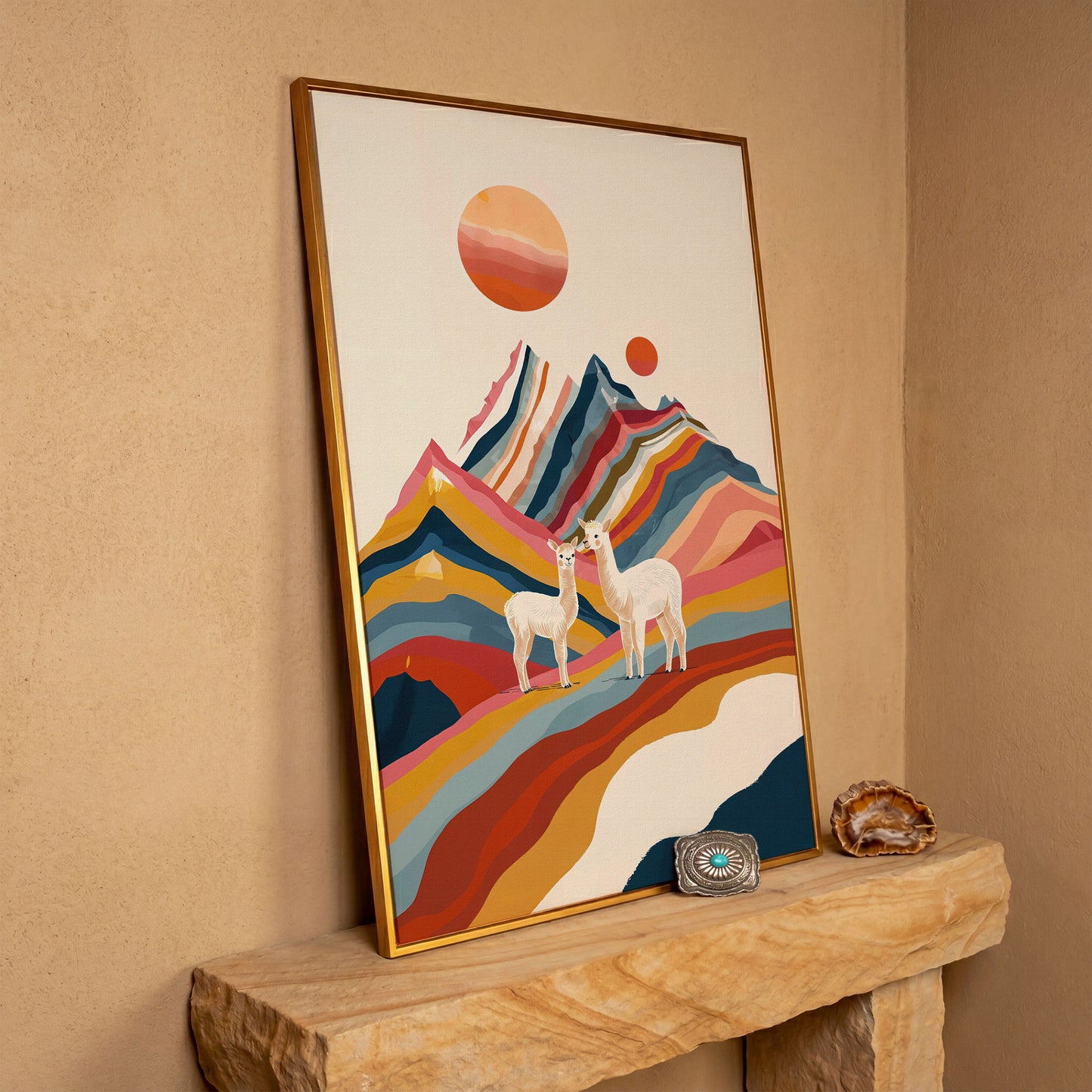 Llamas Against Colorful Mountains Canvas Print in antique gold floating frame