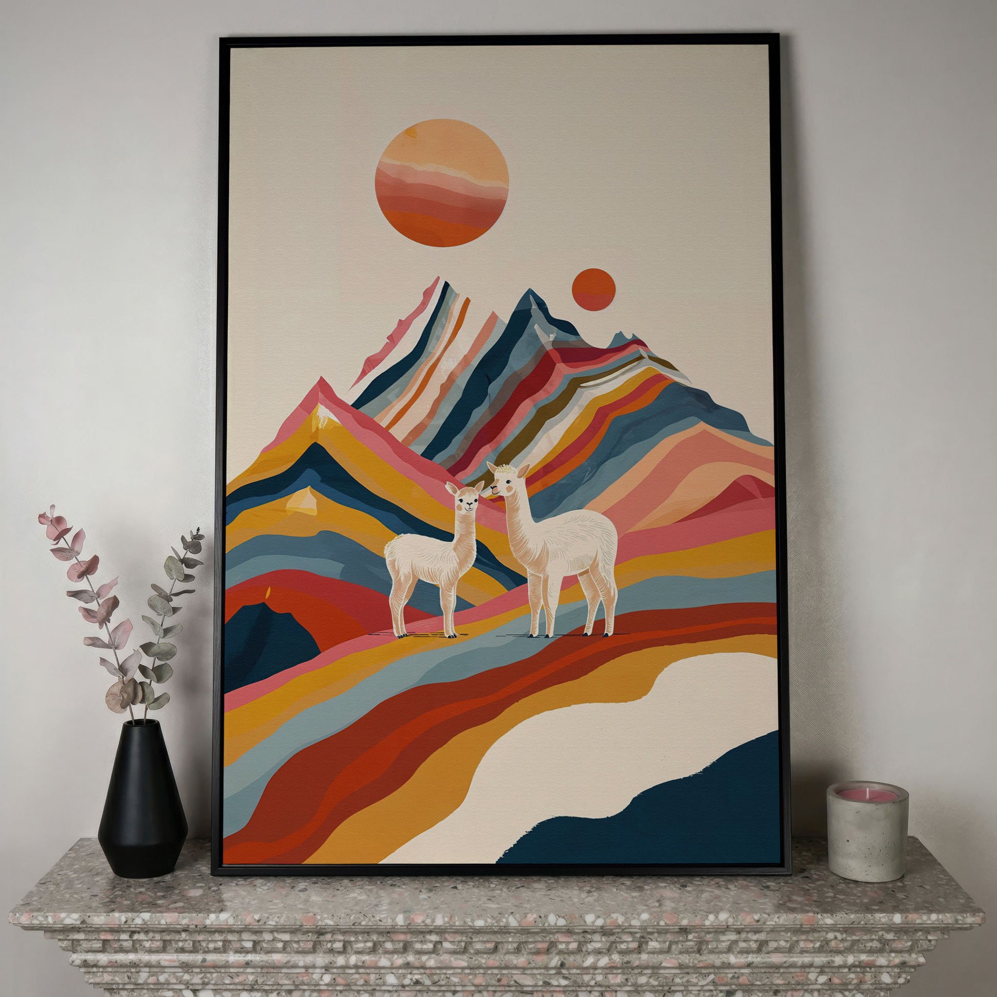 Llamas Against Colorful Mountains Canvas Print in black floating frame