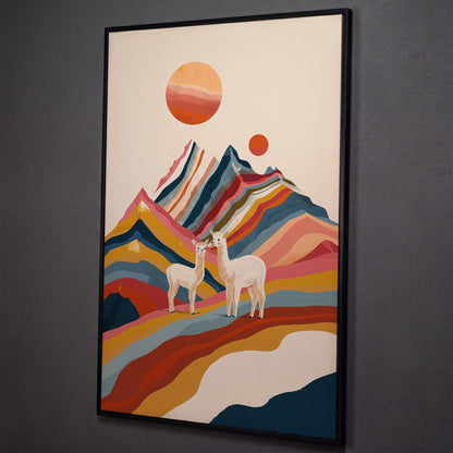 Llamas Against Colorful Mountains Canvas Print shown in black floating frame