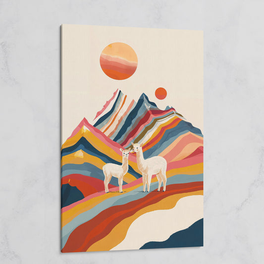 Llamas Against Colorful Mountains Canvas Print on gallery wrap