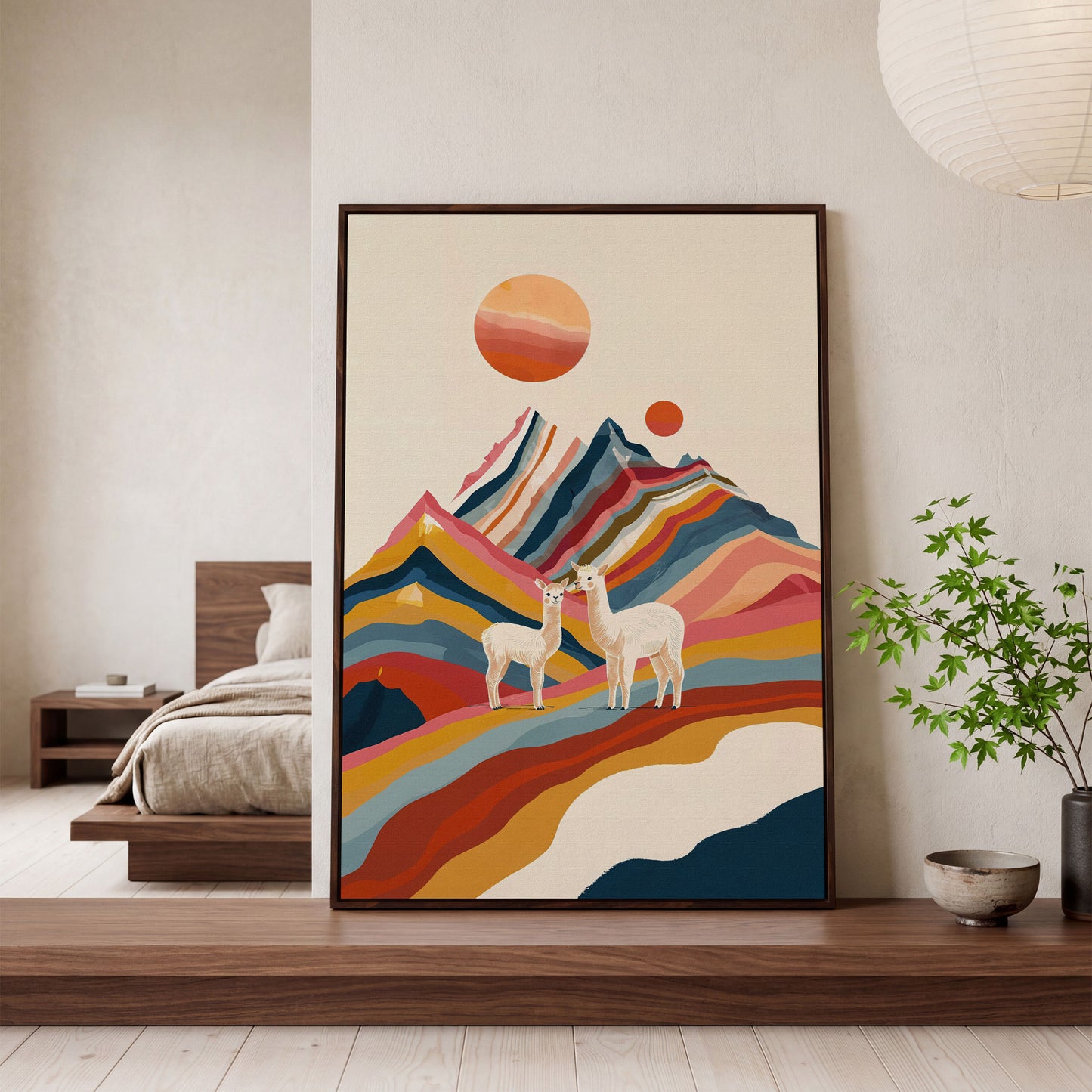 Llamas Against Colorful Mountains Canvas Print in dark walnut floating frame