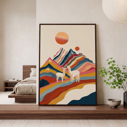 Llamas Against Colorful Mountains Canvas Print in dark walnut floating frame
