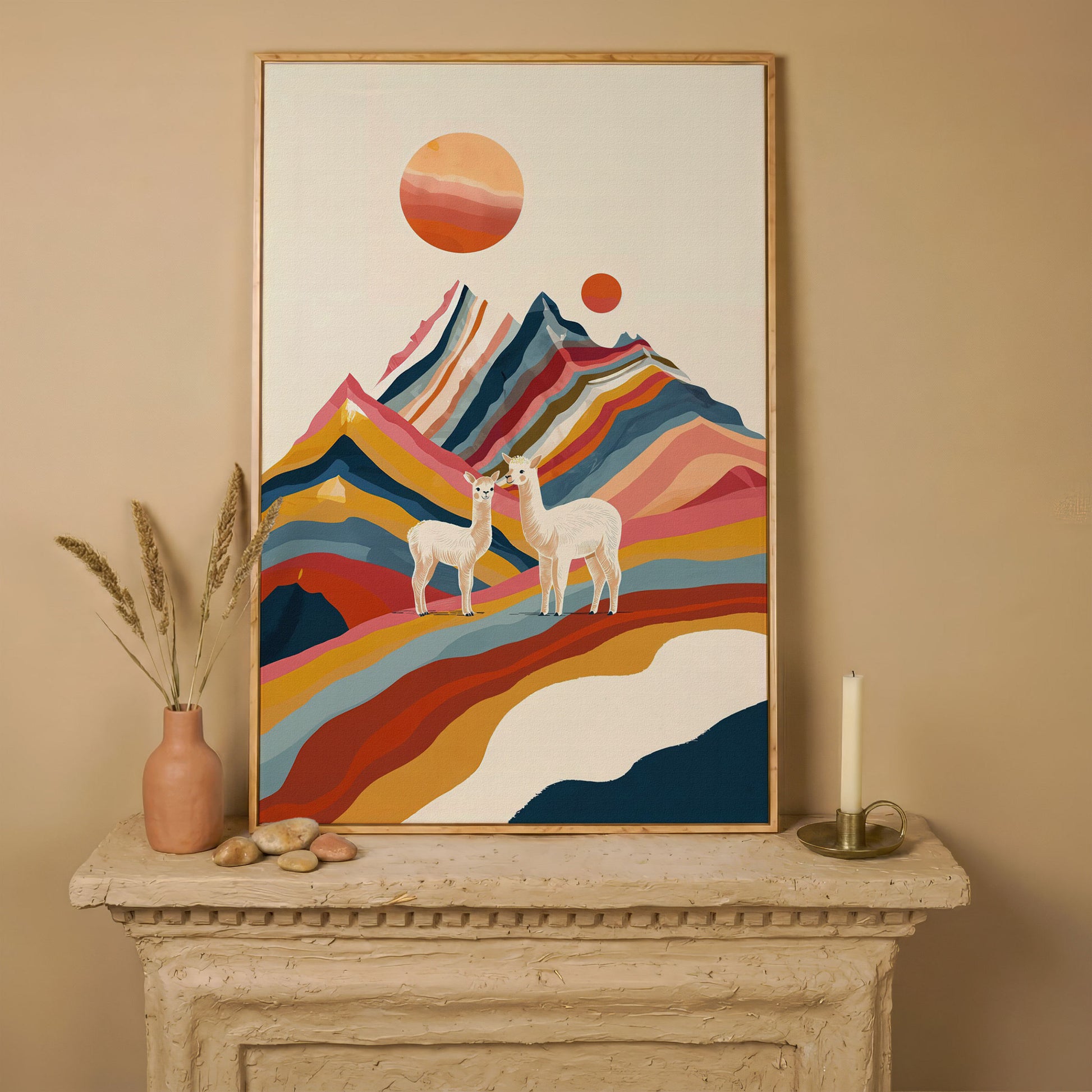Llamas Against Colorful Mountains Canvas Print in white oak floating frame