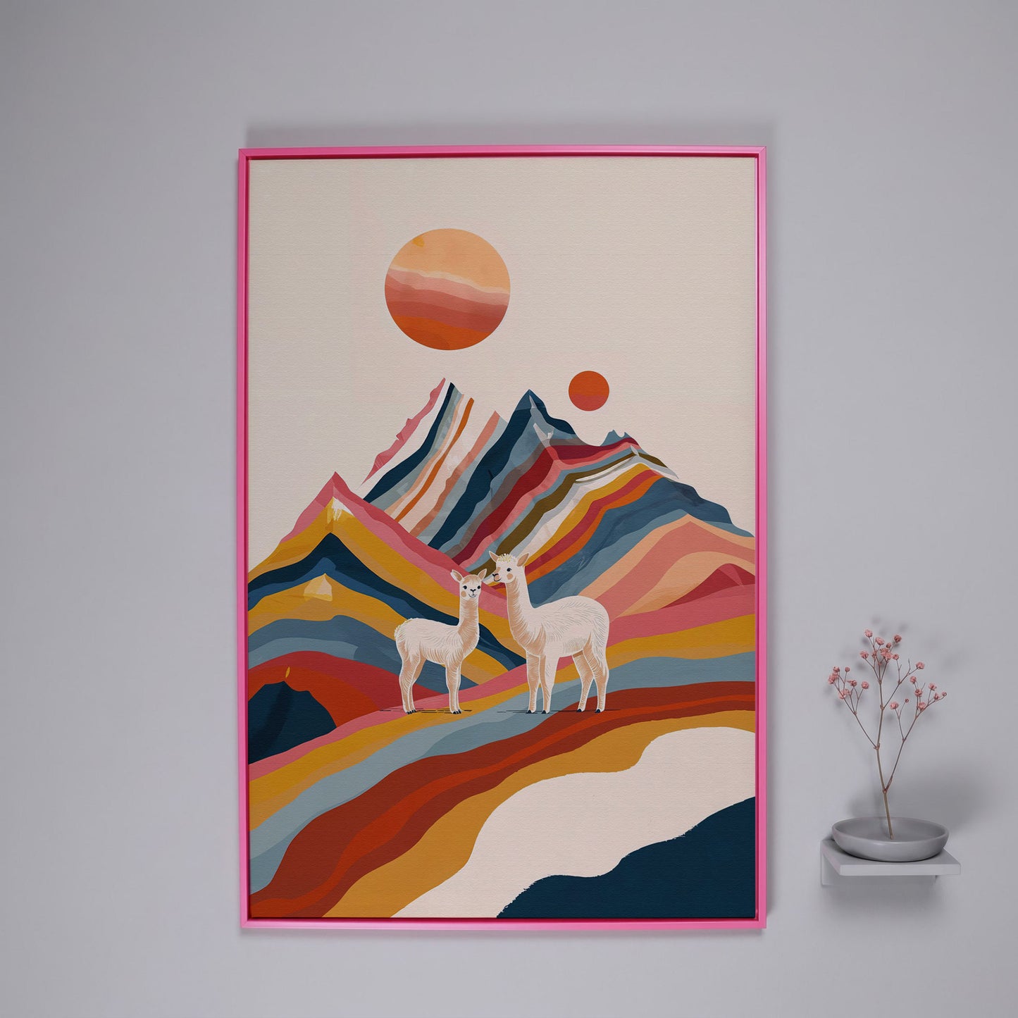 Llamas Against Colorful Mountains Canvas Print in pink floating frame