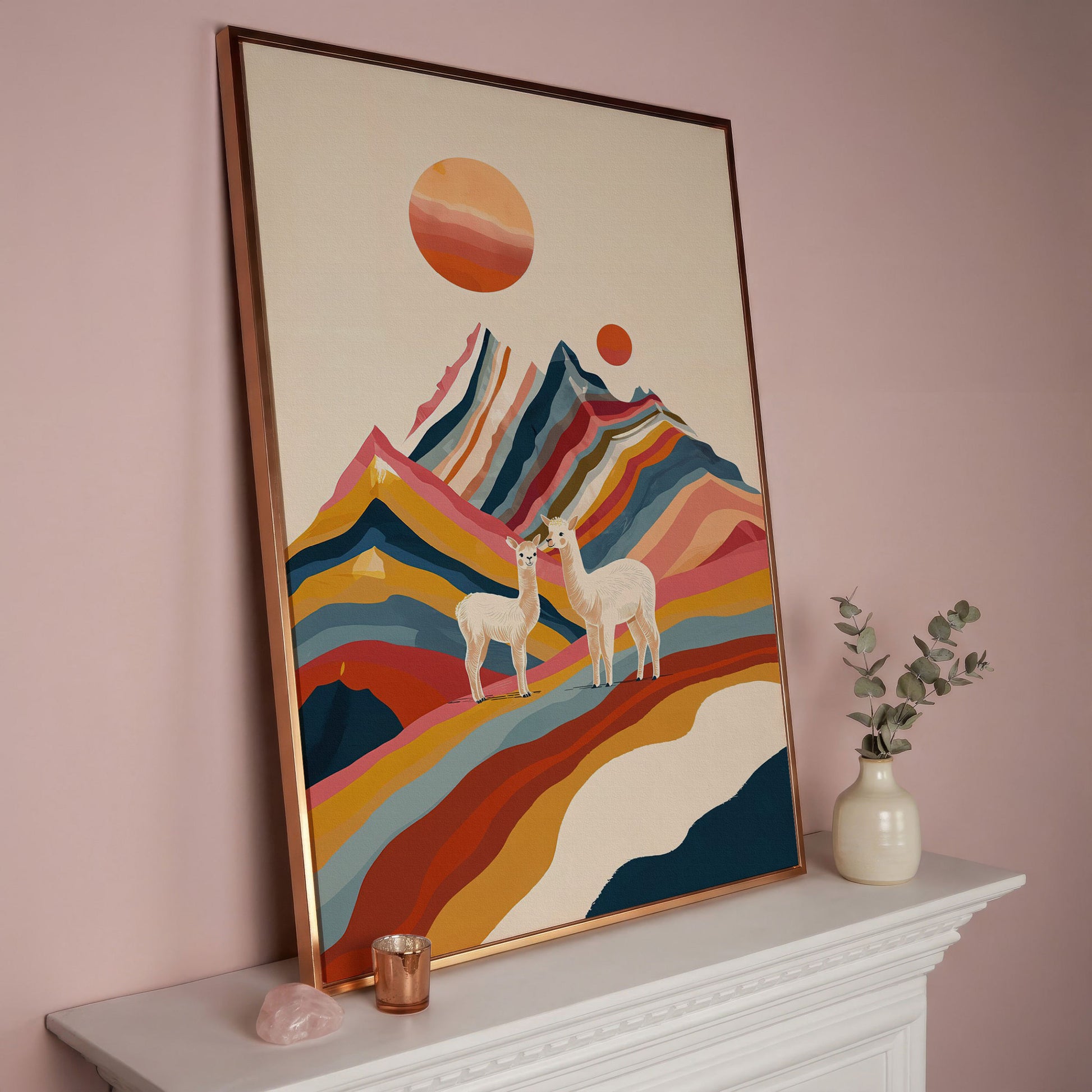 Llamas Against Colorful Mountains Canvas Print in rose gold floating frame