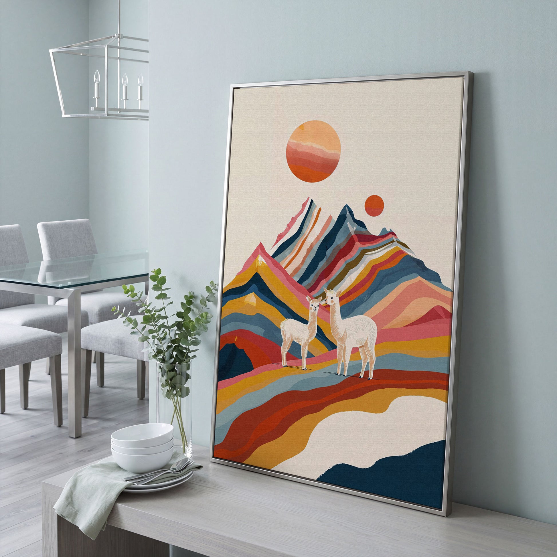 Llamas Against Colorful Mountains Canvas Print in silver floating frame