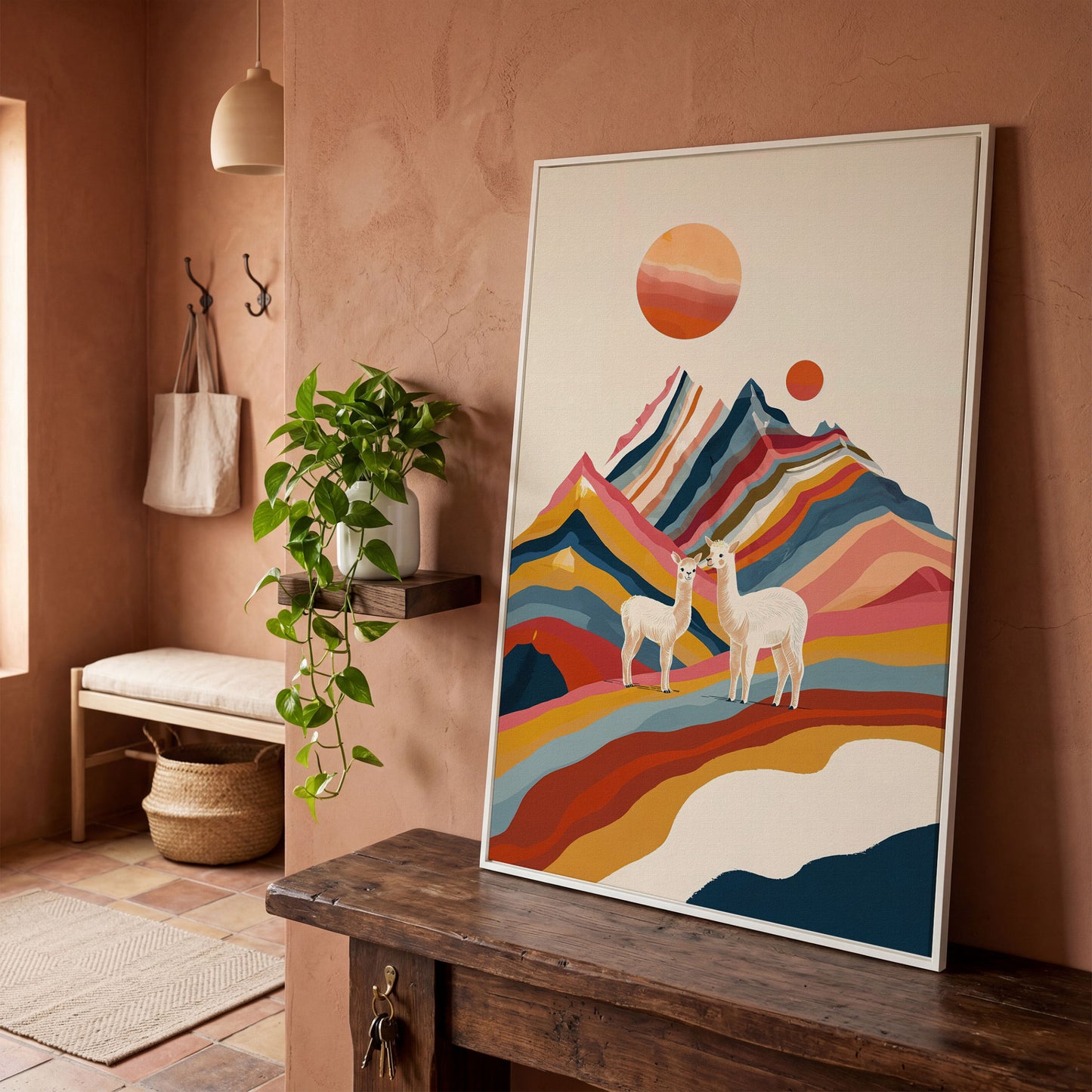 Llamas Against Colorful Mountains Canvas Print in white floating frame