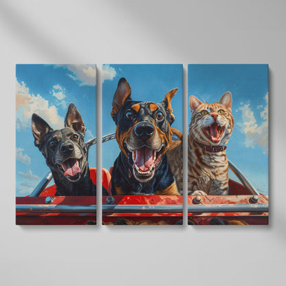 Dogs and Cat on a Roller Coaster Canvas Print as 3-panel split version