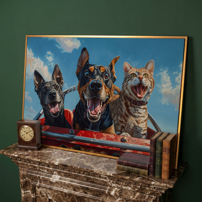 Dogs and Cat on a Roller Coaster Canvas Print in antique gold floating frame