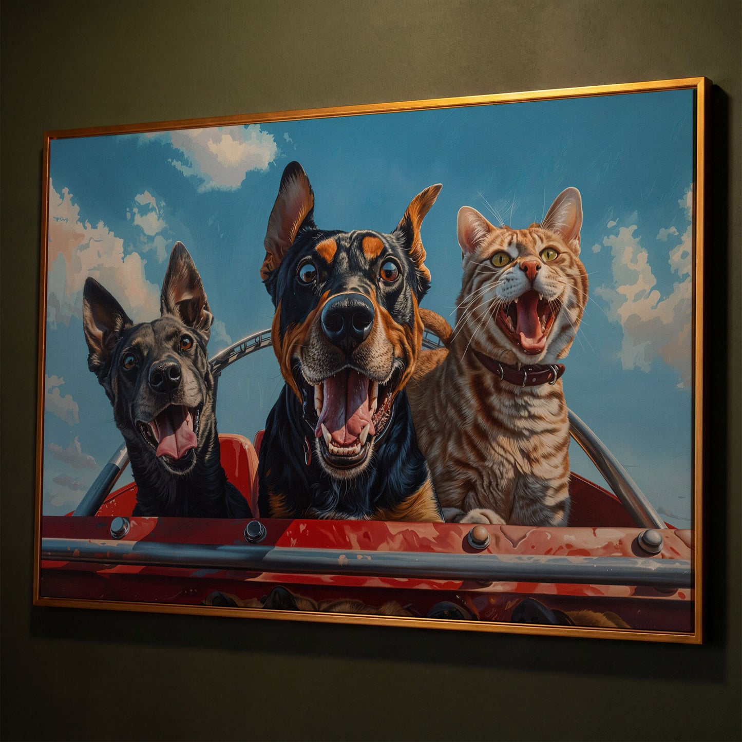 Dogs and Cat on a Roller Coaster Canvas Print shown in antique gold floating frame