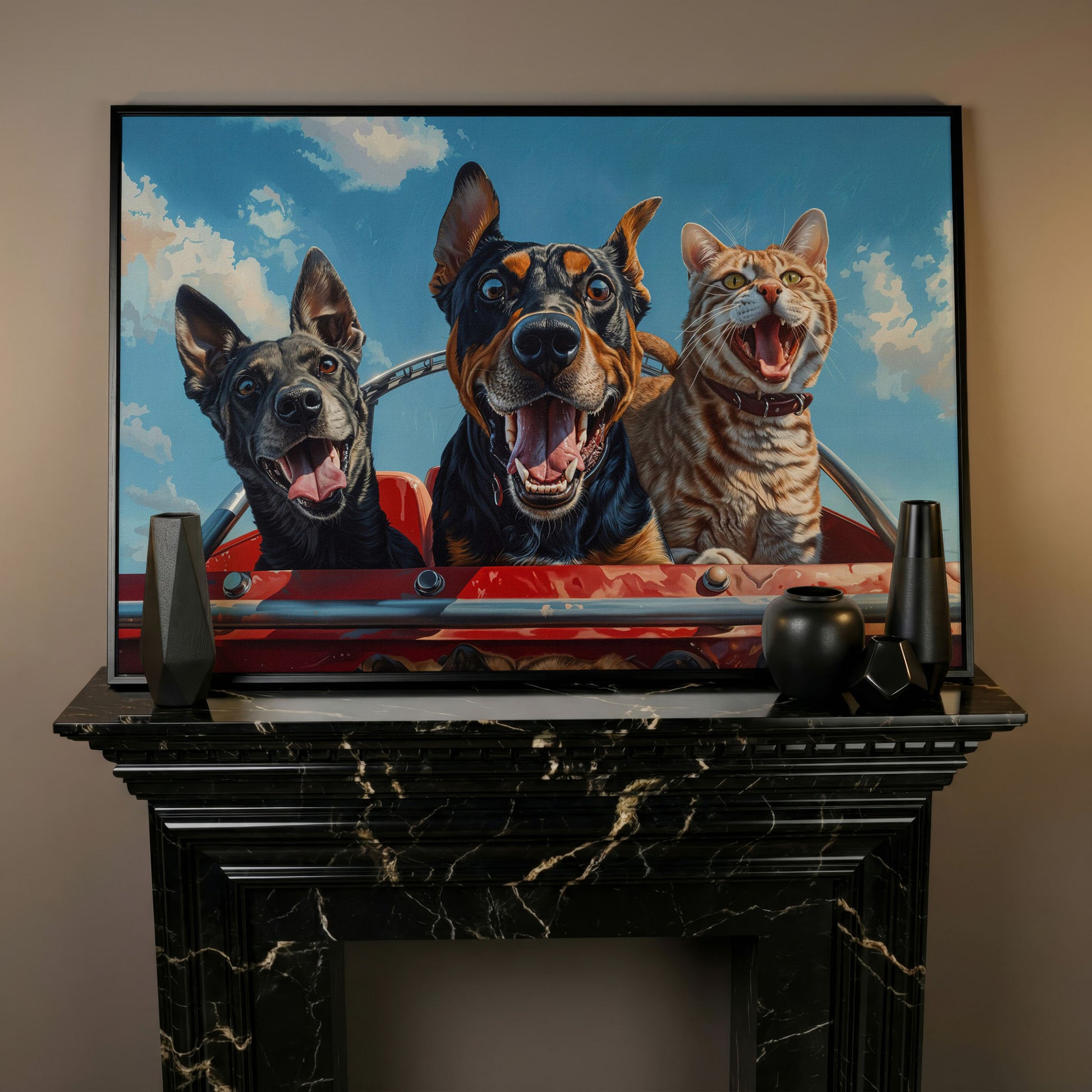 Dogs and Cat on a Roller Coaster Canvas Print in black floating frame