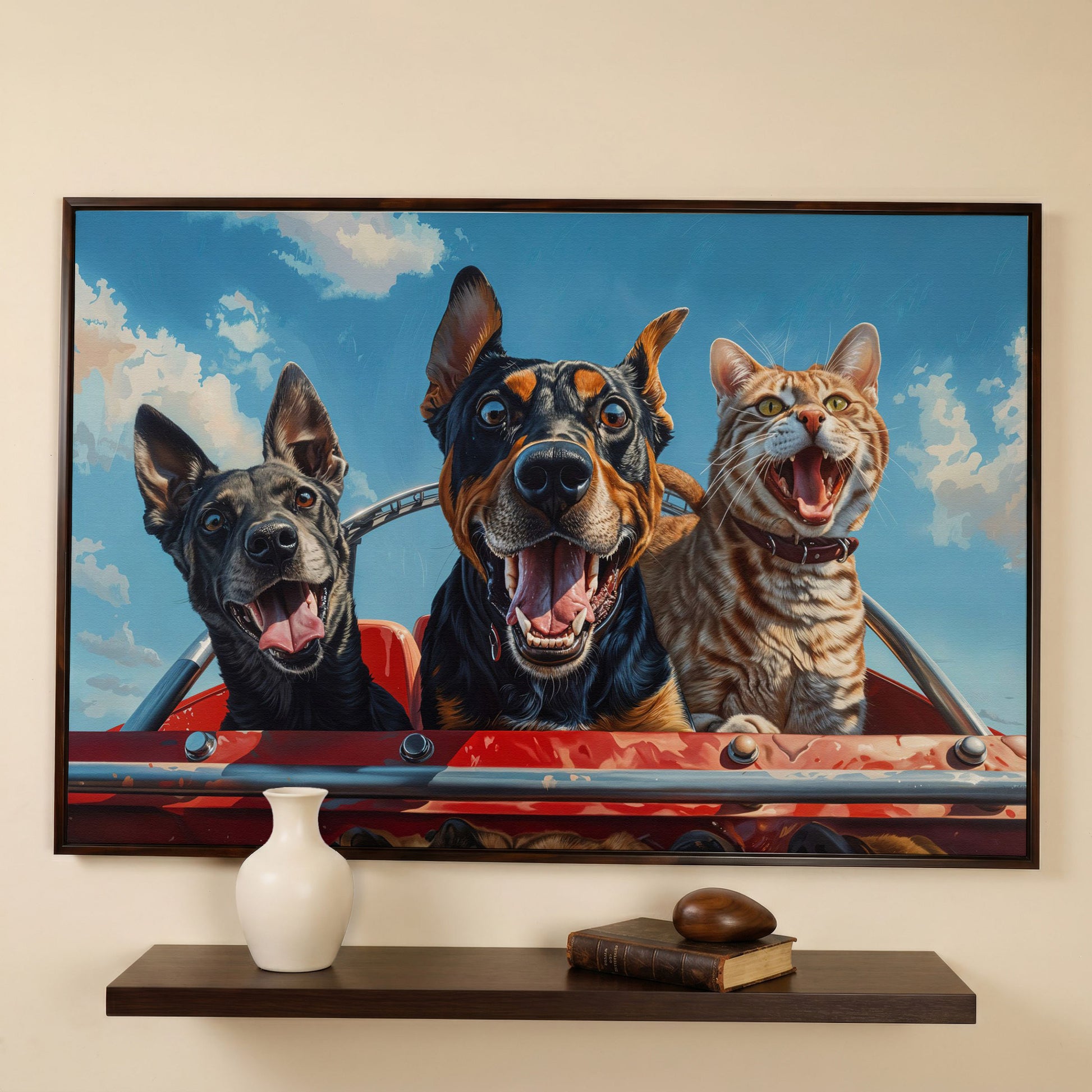 Dogs and Cat on a Roller Coaster Canvas Print in dark walnut floating frame