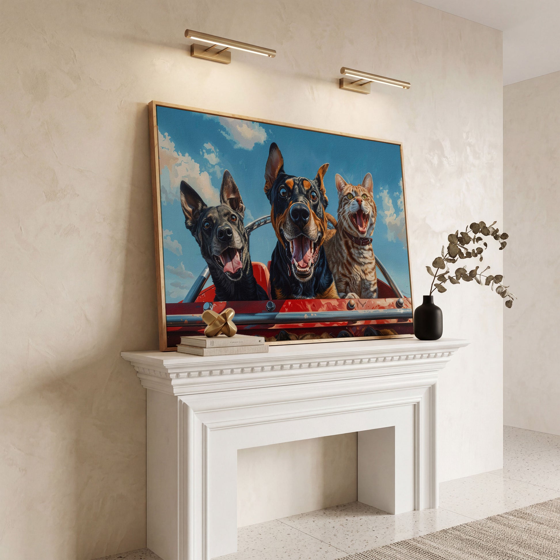 Dogs and Cat on a Roller Coaster Canvas Print in white oak floating frame