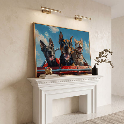 Dogs and Cat on a Roller Coaster Canvas Print in white oak floating frame