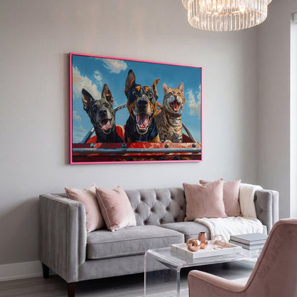 Dogs and Cat on a Roller Coaster Canvas Print in pink floating frame